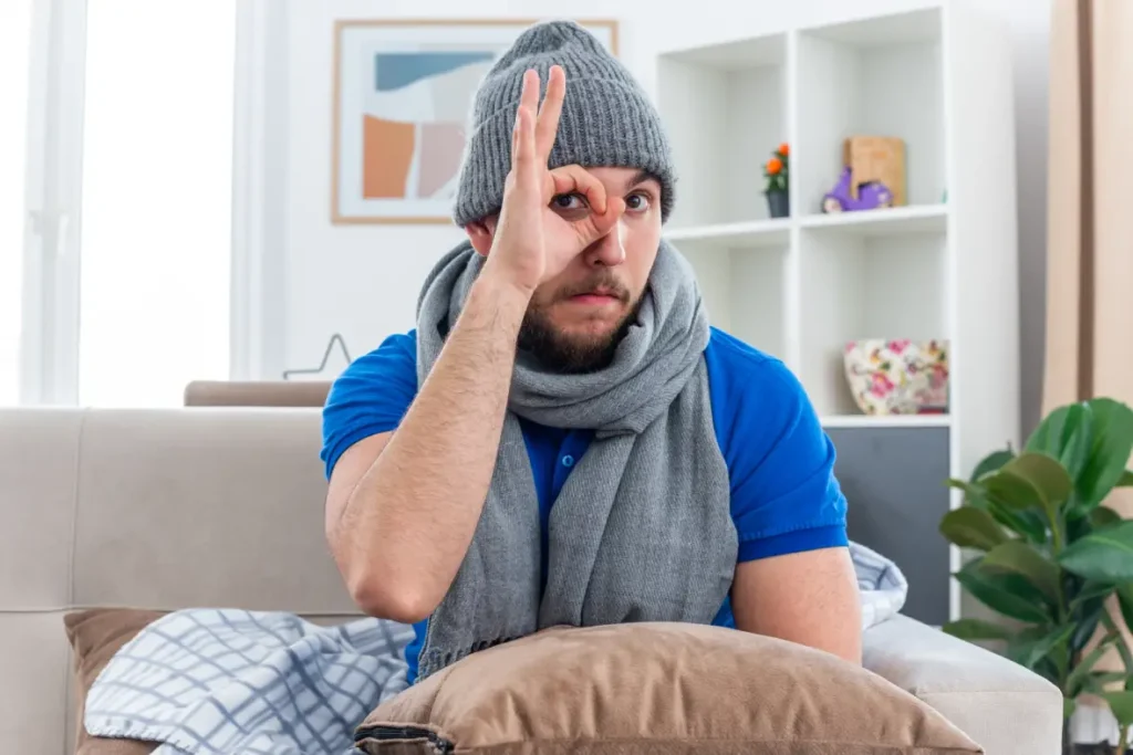 impressed young freezing man wearing scarf winter hat sitting sofa living